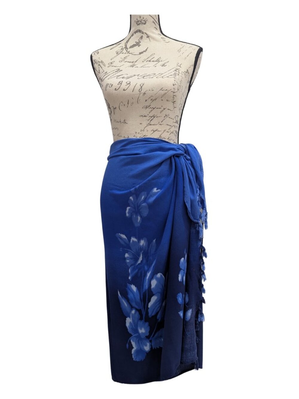 Hibiscus Collection Hawaii Blue Floral Rayon Sarong Pareo Wrap Cover-Up Fringe - Picture 4 of 6